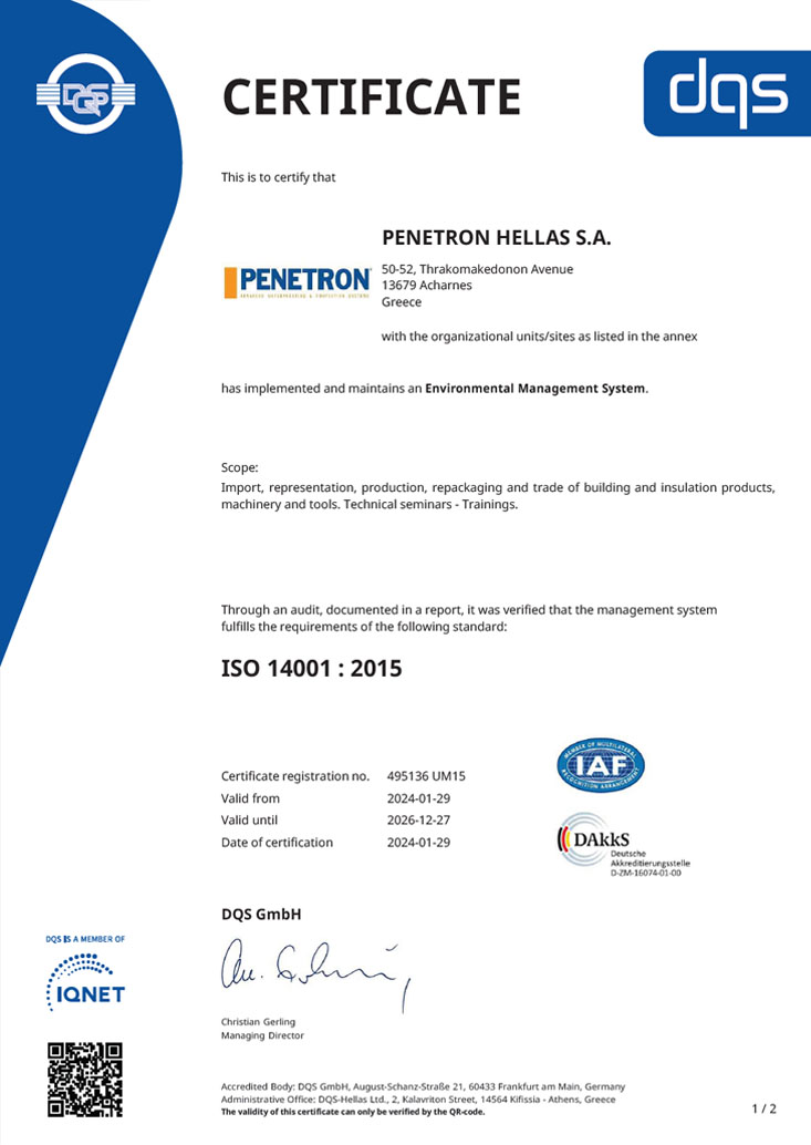 Penetron Hellas DQS Certificate ISO 14001